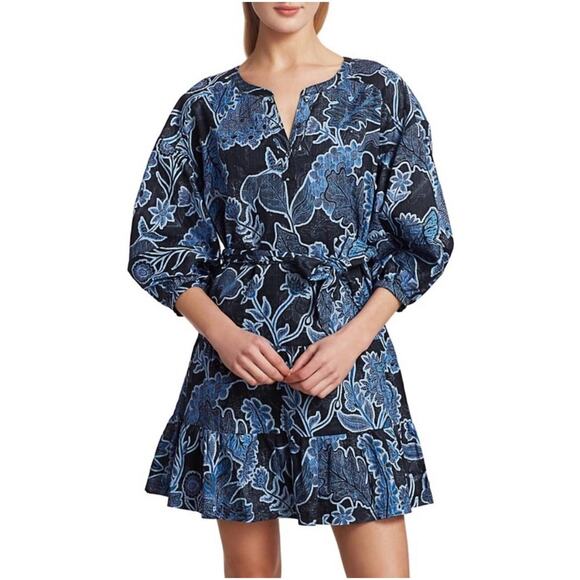 Parker Women’s Blue & Black Floral 3/4 Sleeve Mini Dress Size Small - Picture 5 of 9